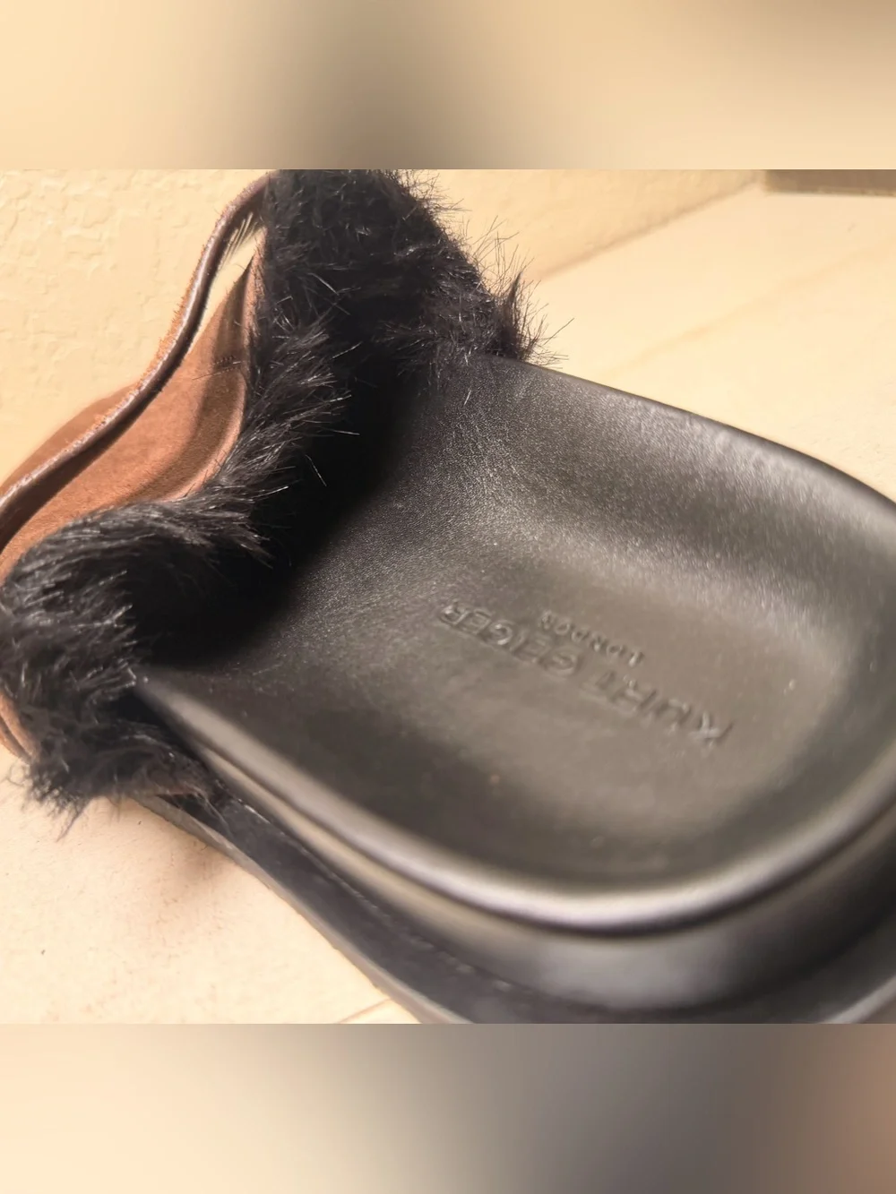 Kurt Geiger Brown Suede Backless Loafer with Fur Trim